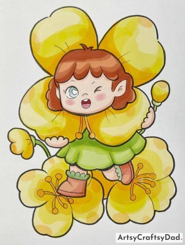Amazing Girl In Flower Cartoon Character Drawing For Kids