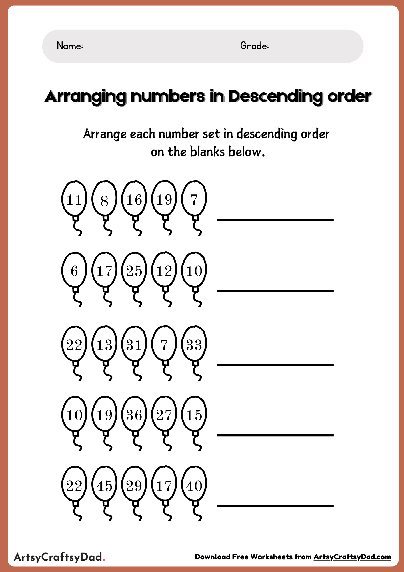 Arrange Numbers in Descending Order Worksheet