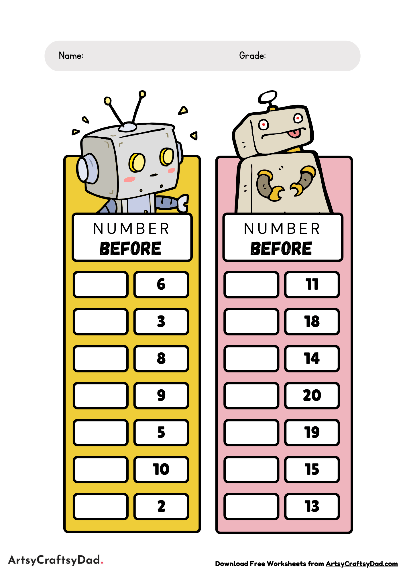 Before and After Numbers Worksheets for Kids