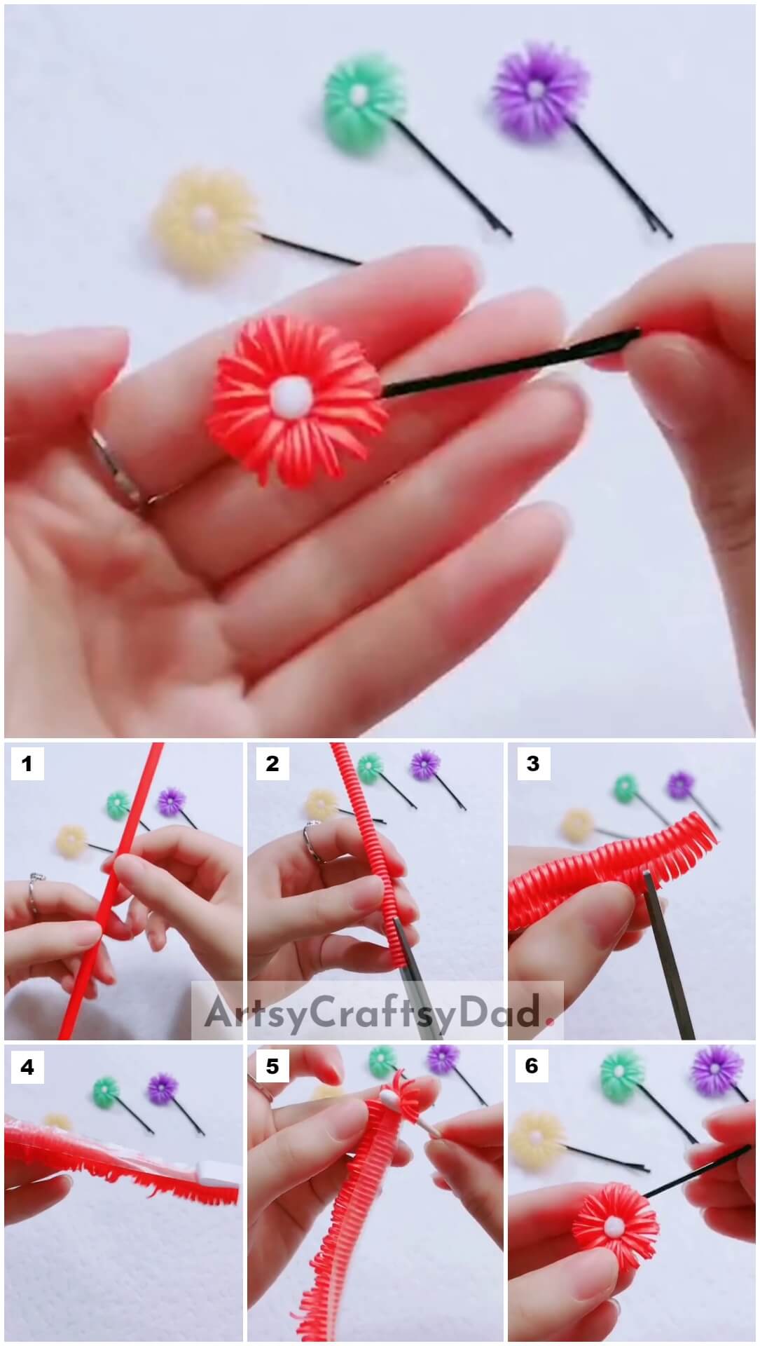  Colorful Straw Flower Hair Clip craft Tutorial For Kids