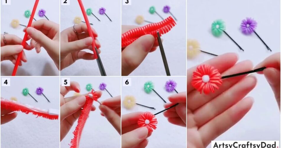Colorful Straw Flower Hair Clip craft Tutorial For Kids