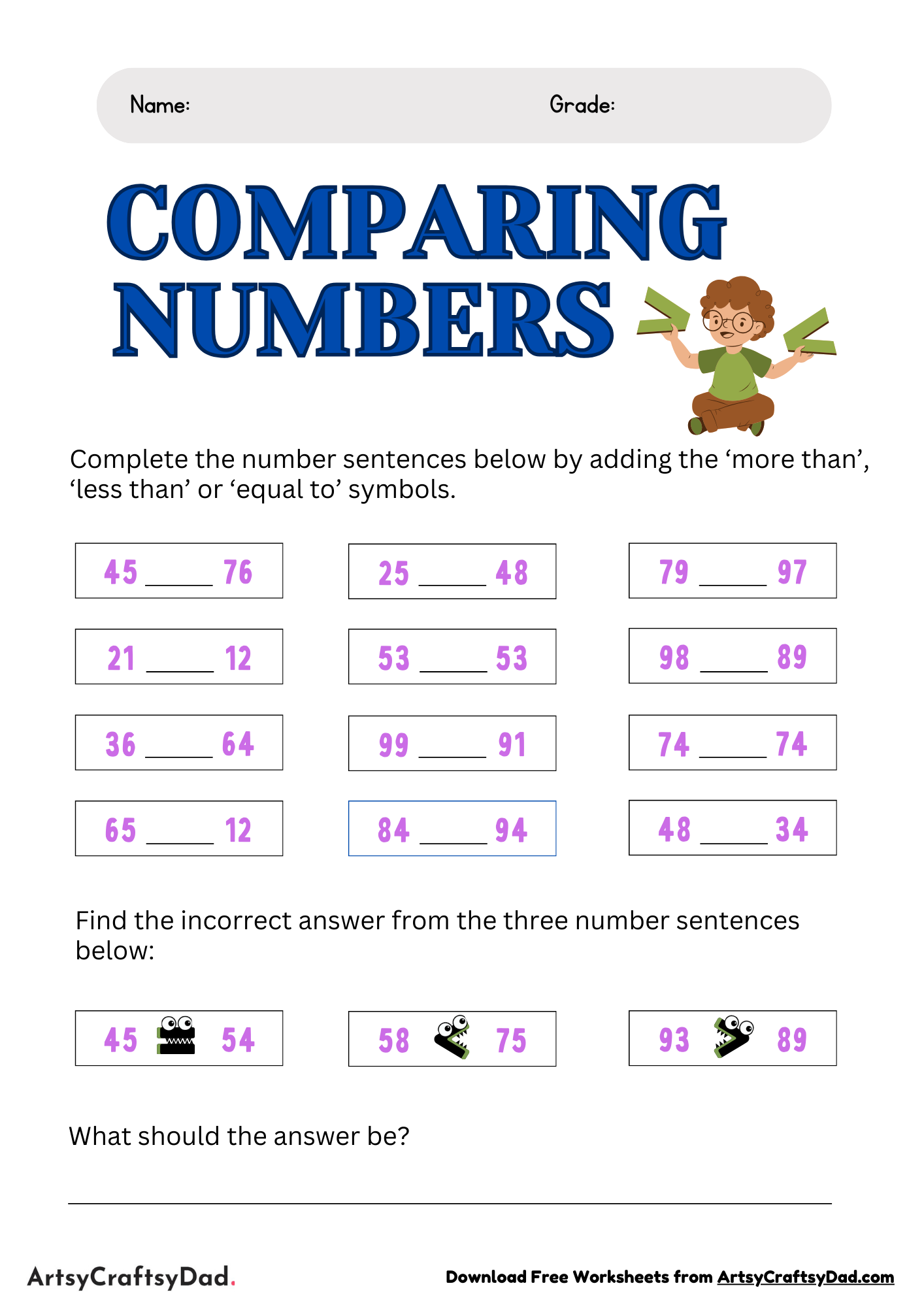 Comparing Numbers Worksheet for Grade 2