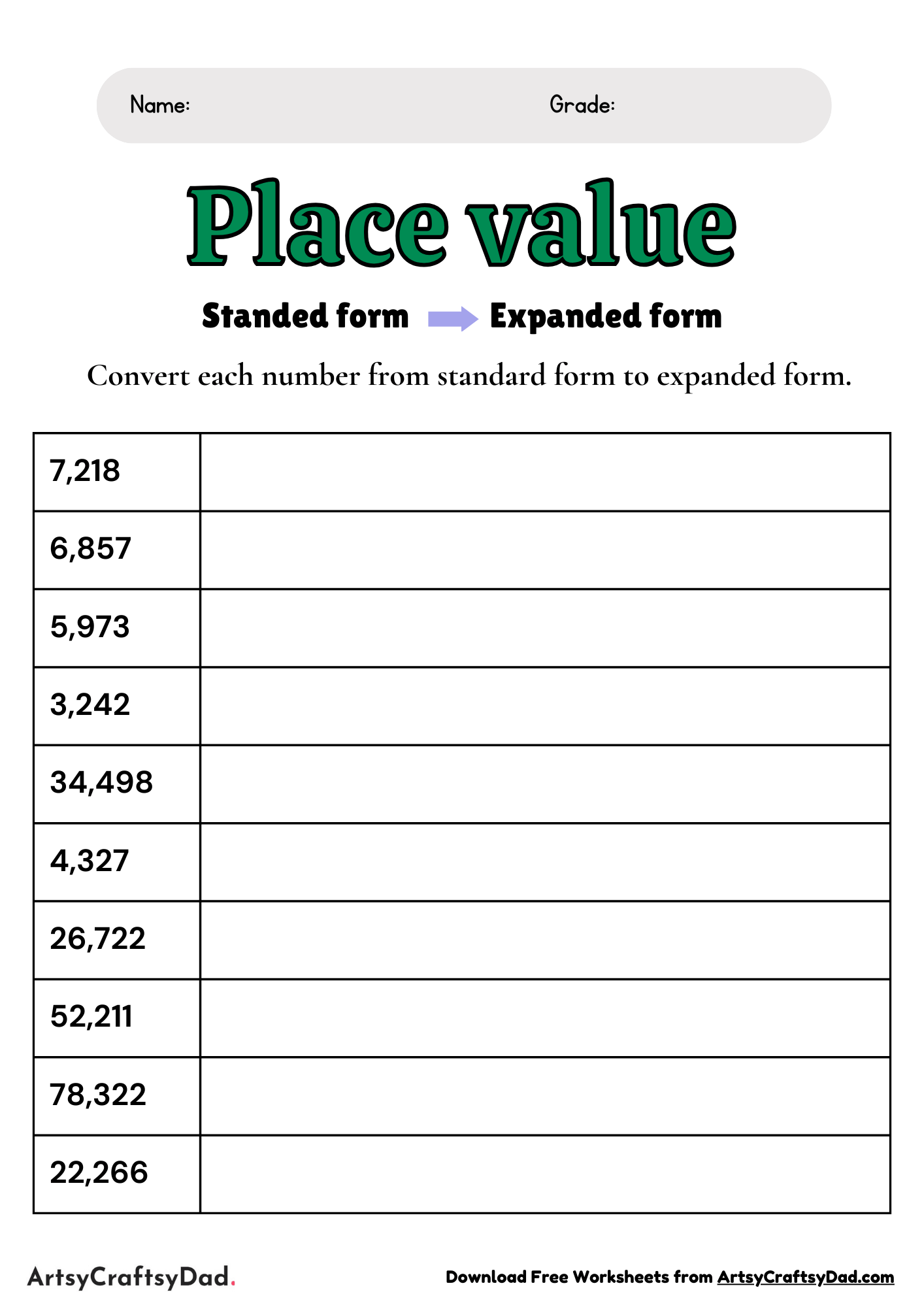 Convert Standard Form to Expanded Form Worksheet