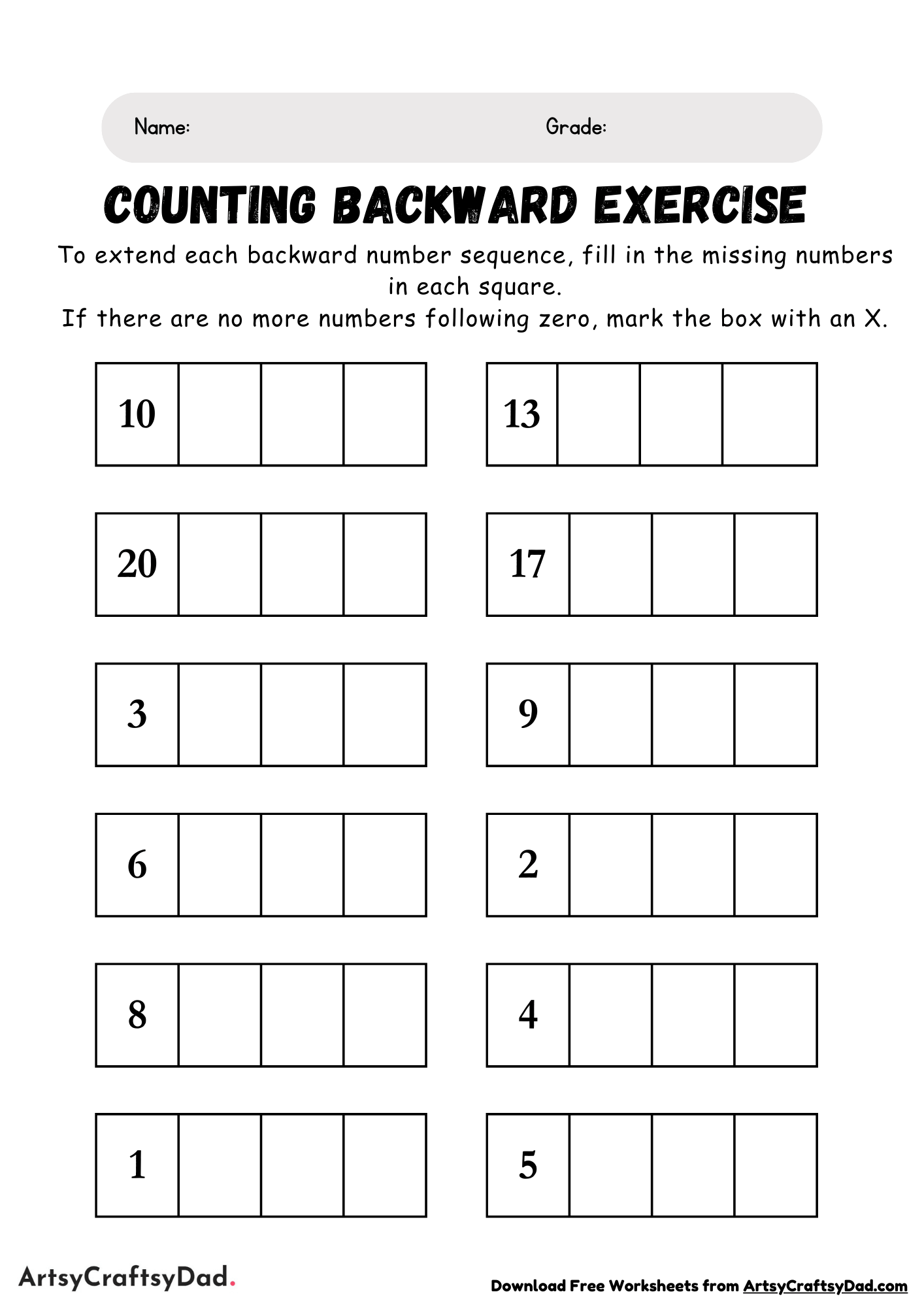 Count Backwards Worksheets for Kids