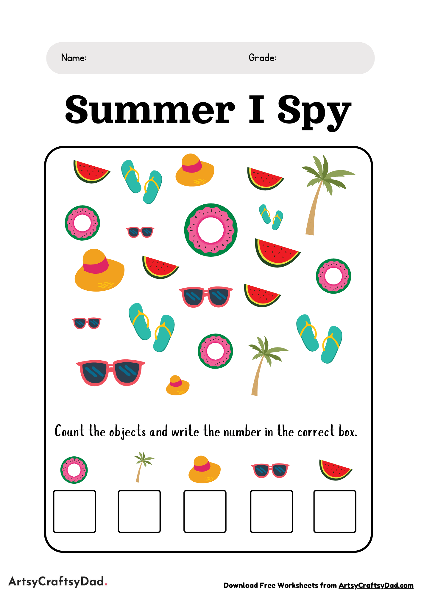 Count the Summer Items Worksheet For Kids