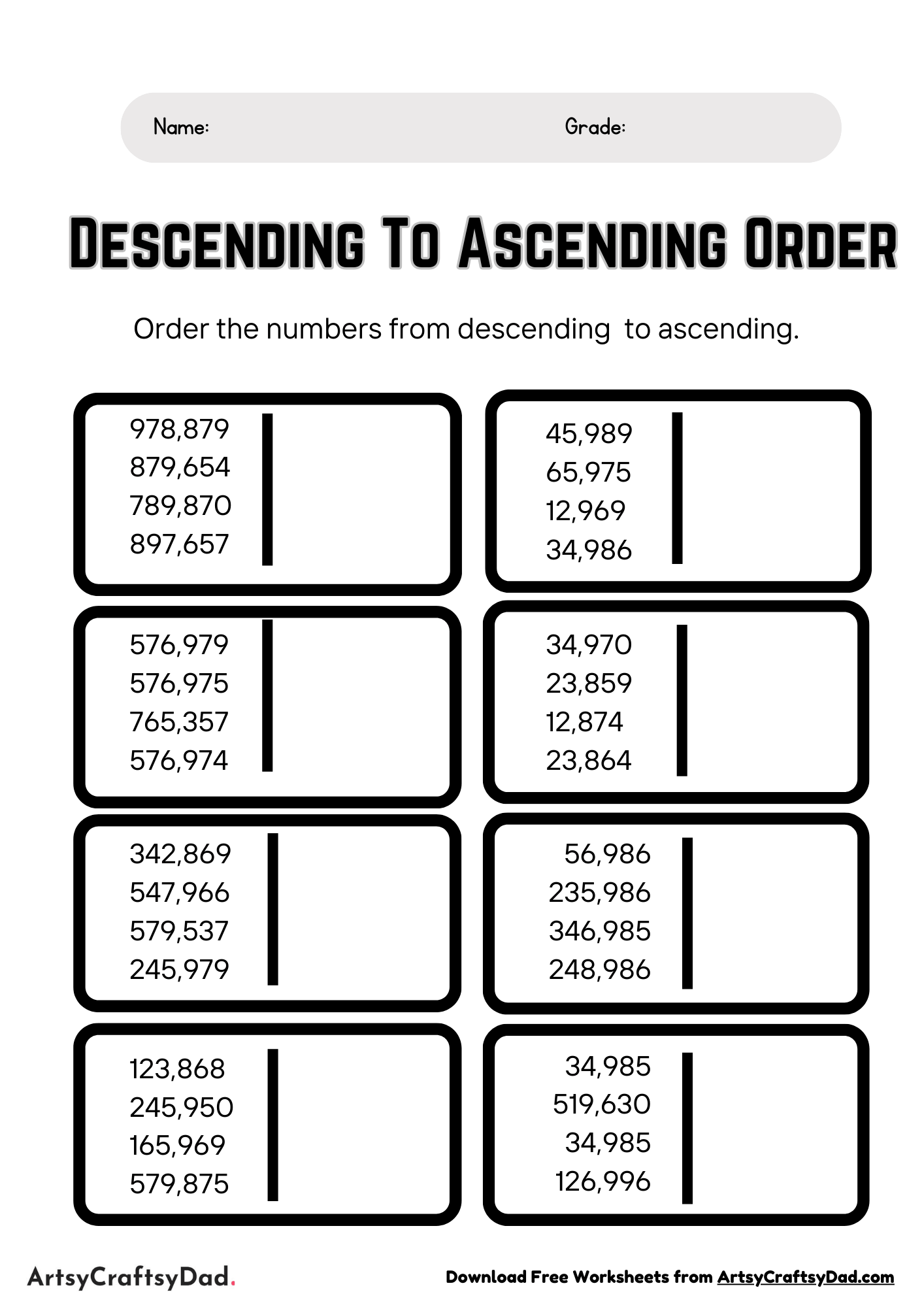 Descending To Ascending Number Worksheet