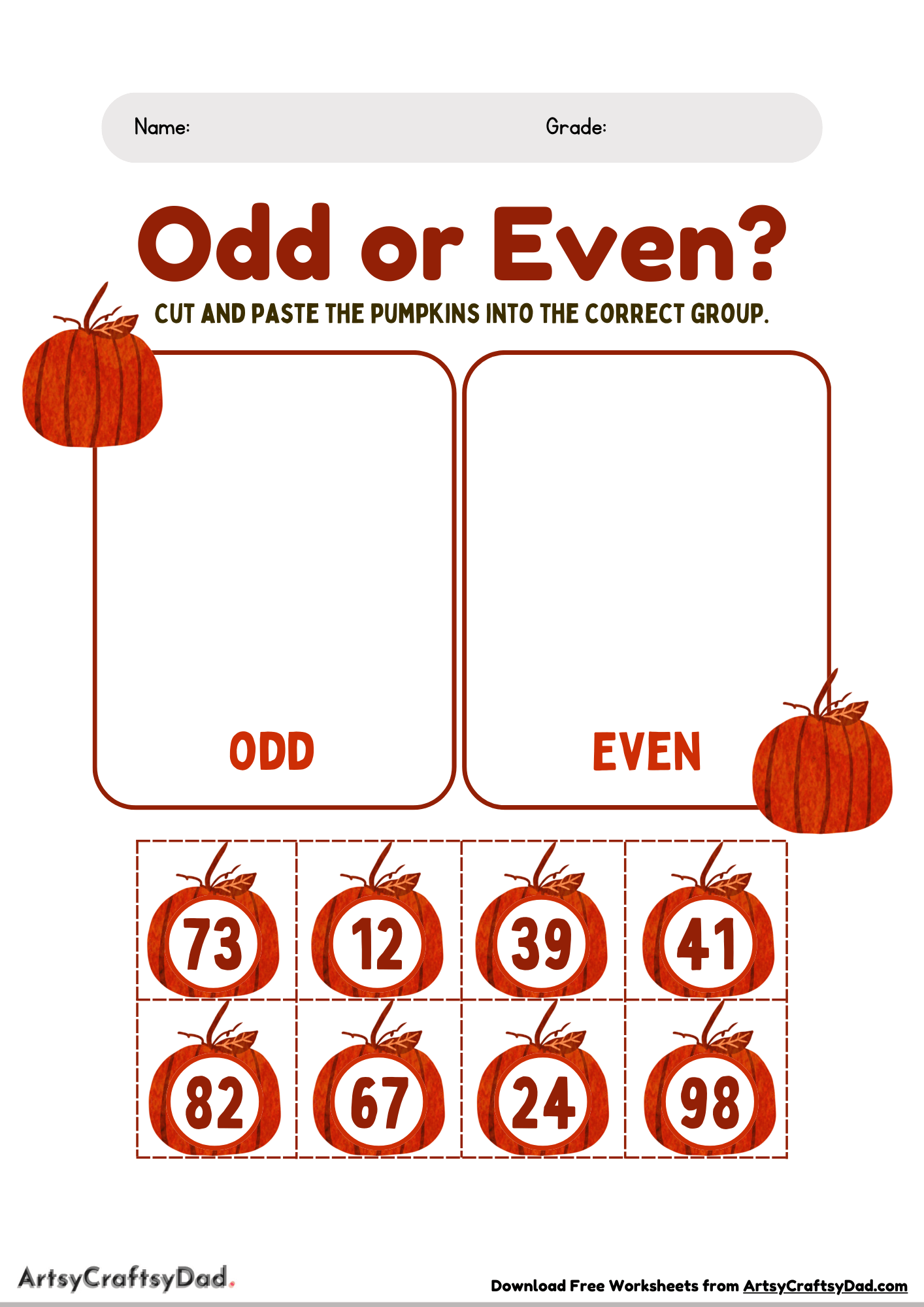 Learn Even-Odds by Cutting And Pasting The Pumpkins Worksheet