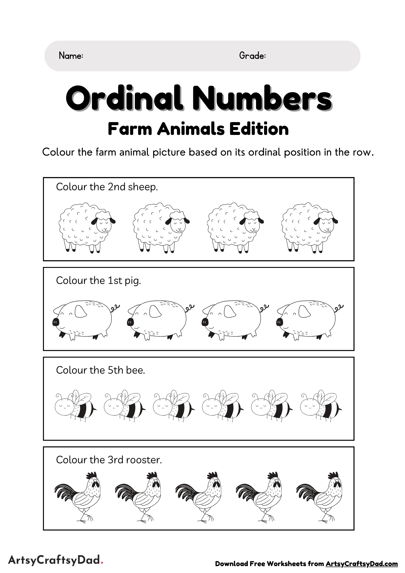 Learn Ordinal Numbers with Farm Animals Worksheet