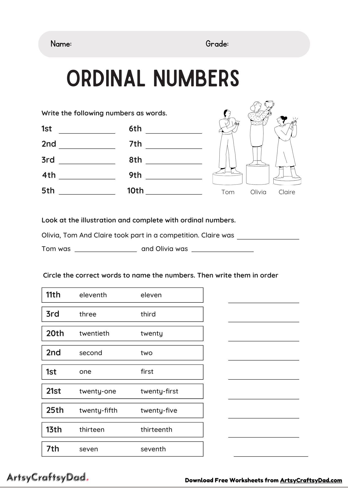 Learning Ordinal Numbers Worksheet