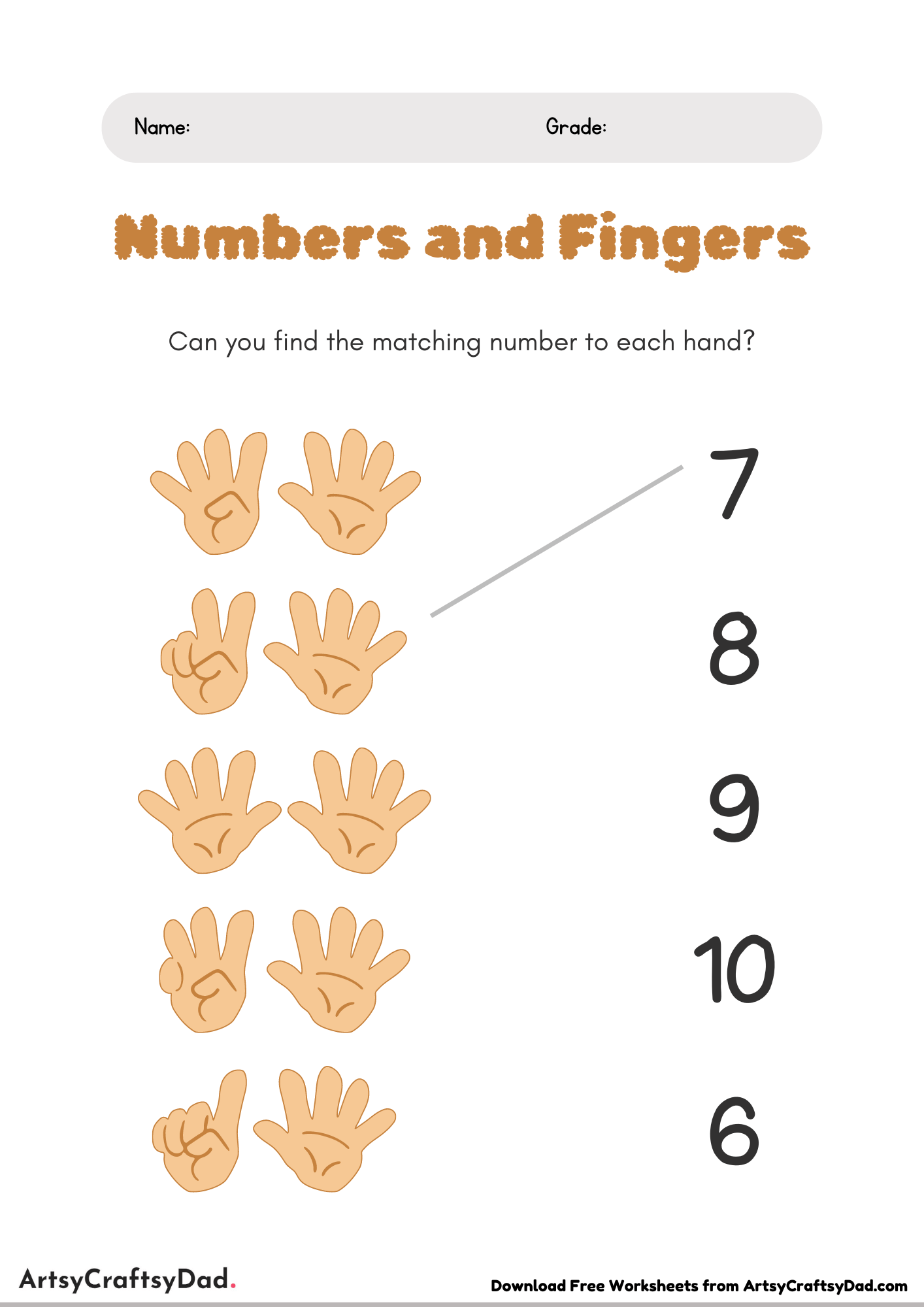 Match the Numbers with Fingers (1 to 10) Worksheet for Kindergarten
