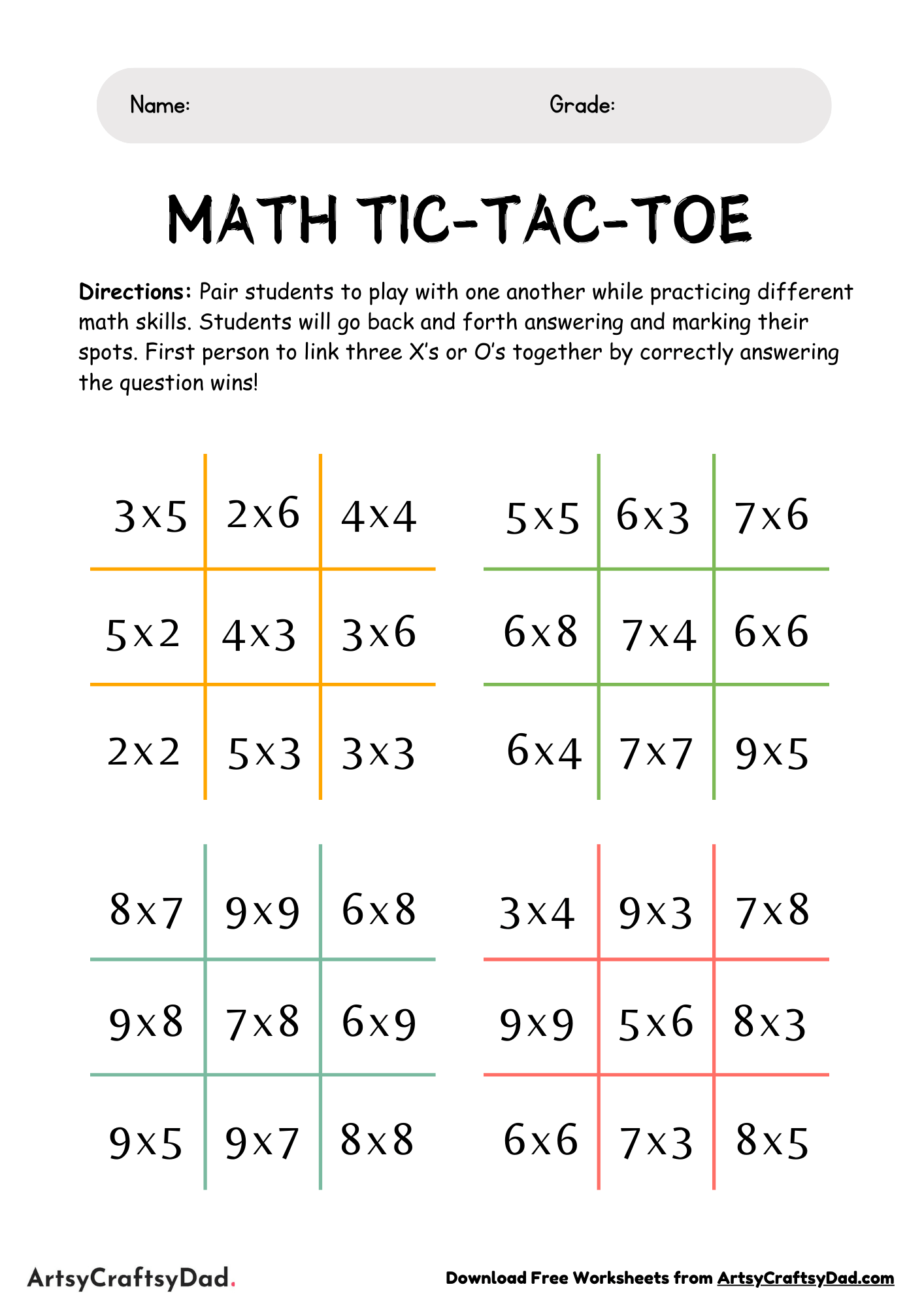 Multiplication Tic-Tac-Toe Worksheet