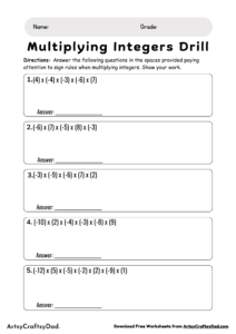 Multiplying Integers Worksheet