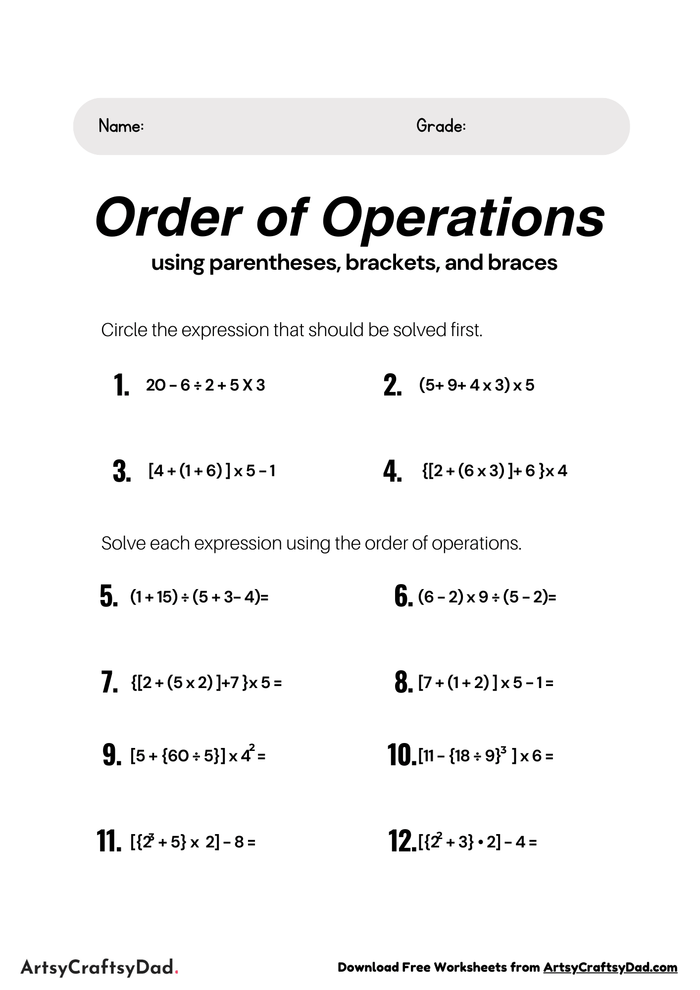 Order of Operations with Brackets Worksheet