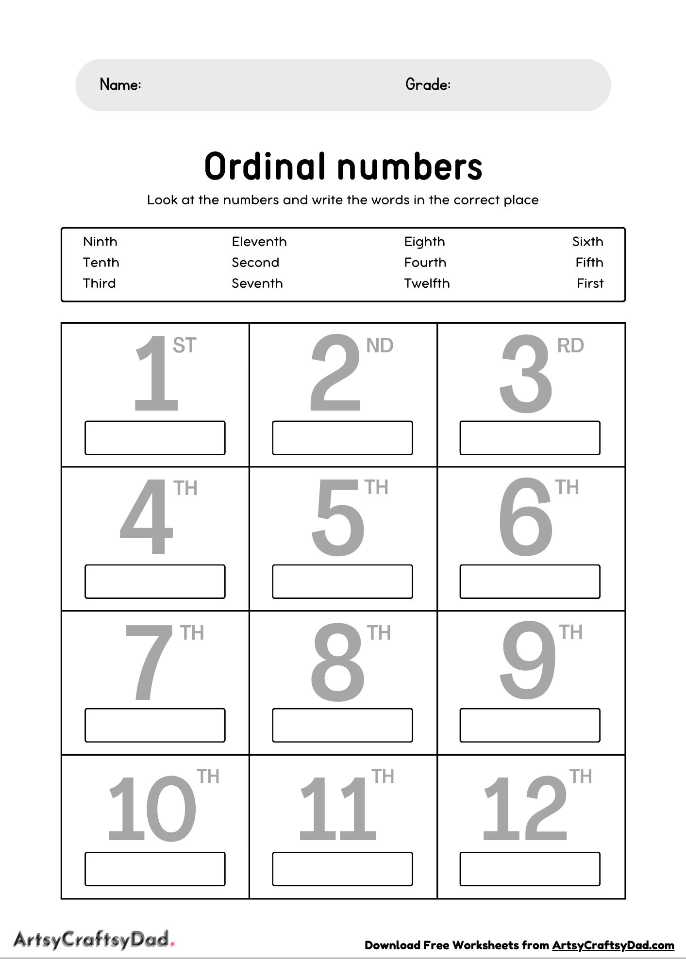 Ordinal Numbers Vocabulary Worksheet