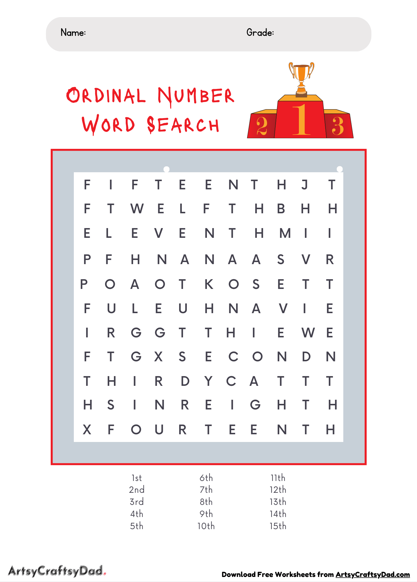 Ordinal Numbers Word Search Worksheet