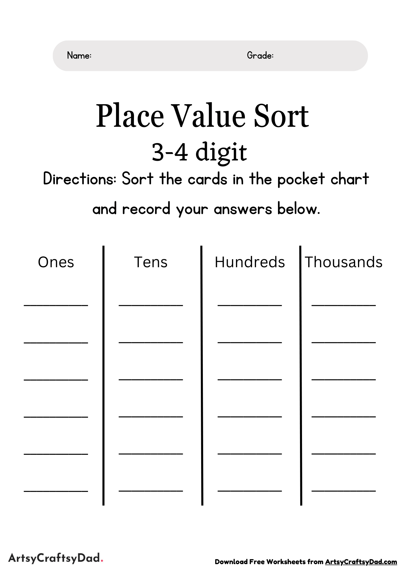 Simple Place Value Sort Worksheet