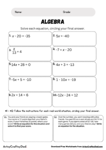 Solving Easy Algebraic Equations Worksheet