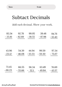 Subtract the Decimals Worksheet