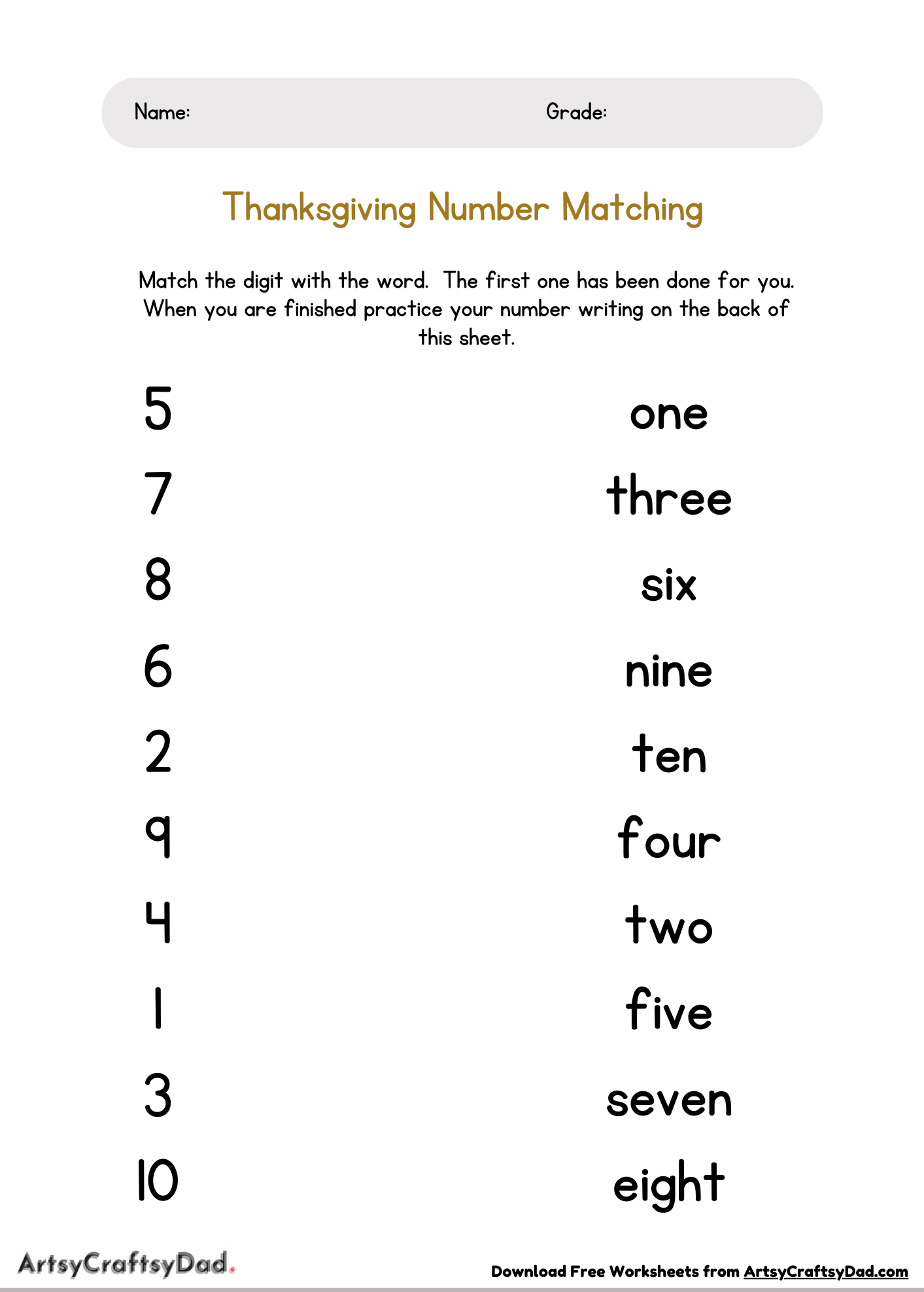 Thanksgiving Number Matching Worksheet