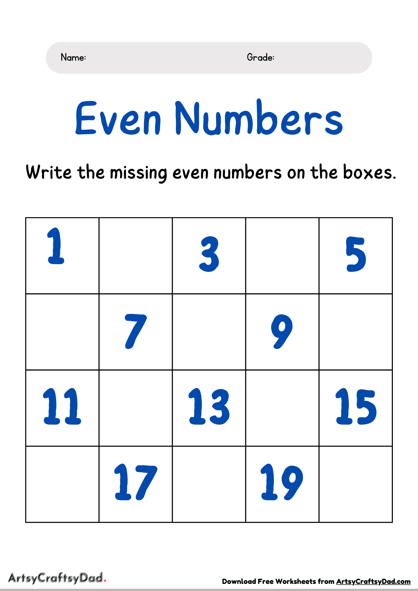 Write Missing Even Numbers Worksheet For Grade 1