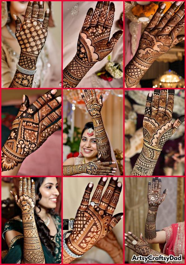 Intricate full hand bridal mehndi with detailed floral patterns.