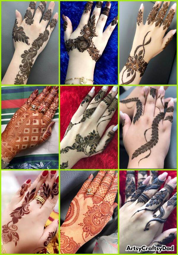 Simple Arabic mehndi design with flowing patterns on back hand.