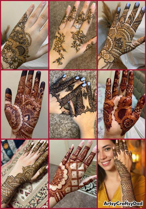 Creative henna mehndi design drawn artistically on a hand.