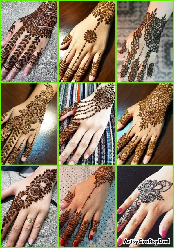 Mehndi design resembling jewellery patterns enhancing stylish back hand.