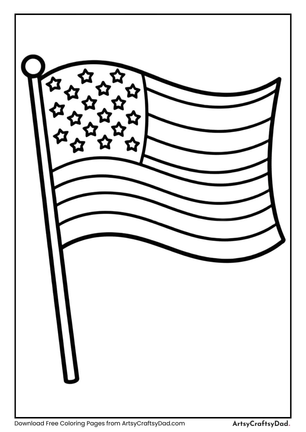 American flag waving black and white coloring page for kids