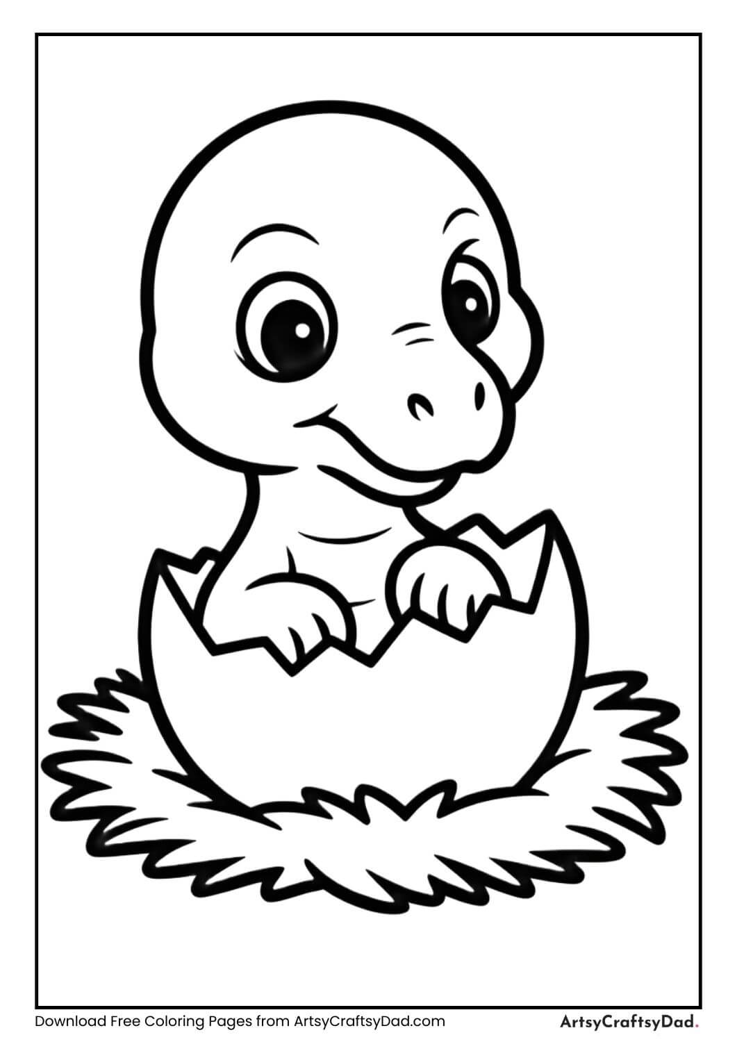 Cute baby dinosaur hatching from egg coloring page for kids