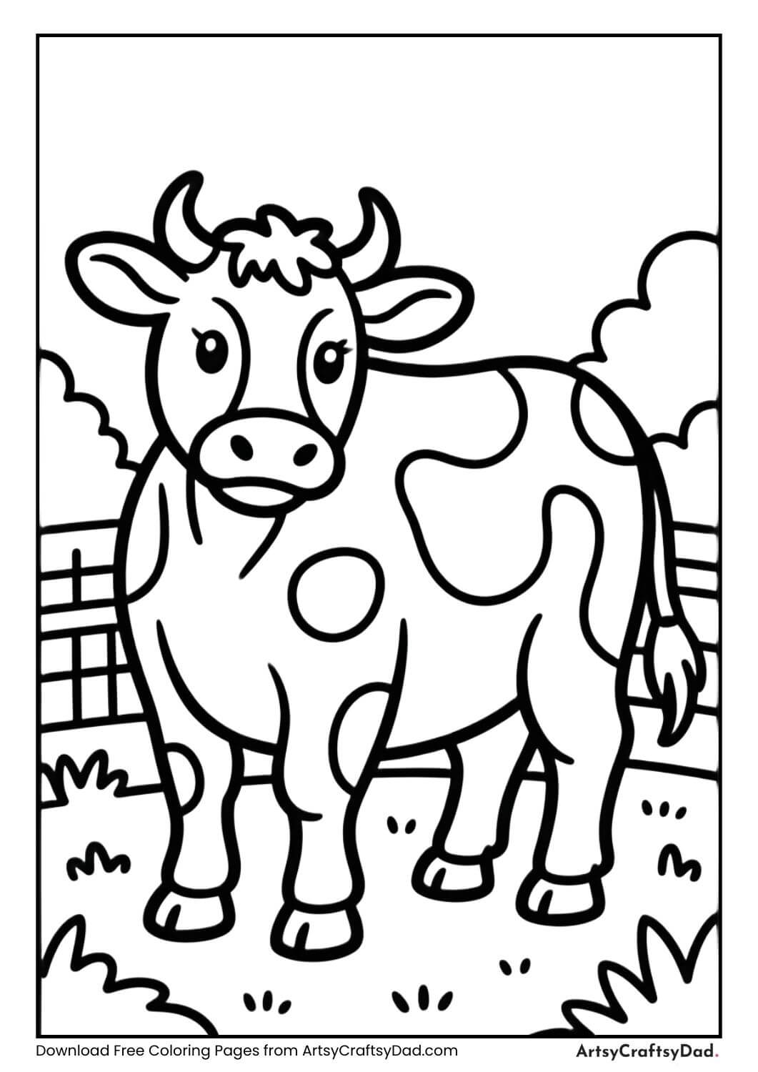 Cute cow farm animal black and white coloring page for kids