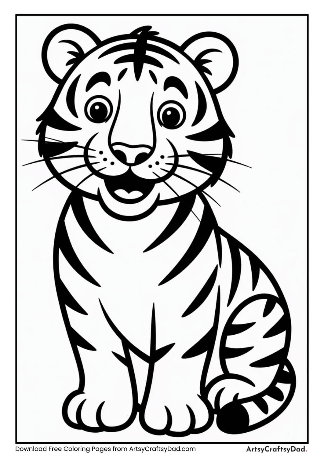 Cute cartoon tiger sitting and smiling coloring page