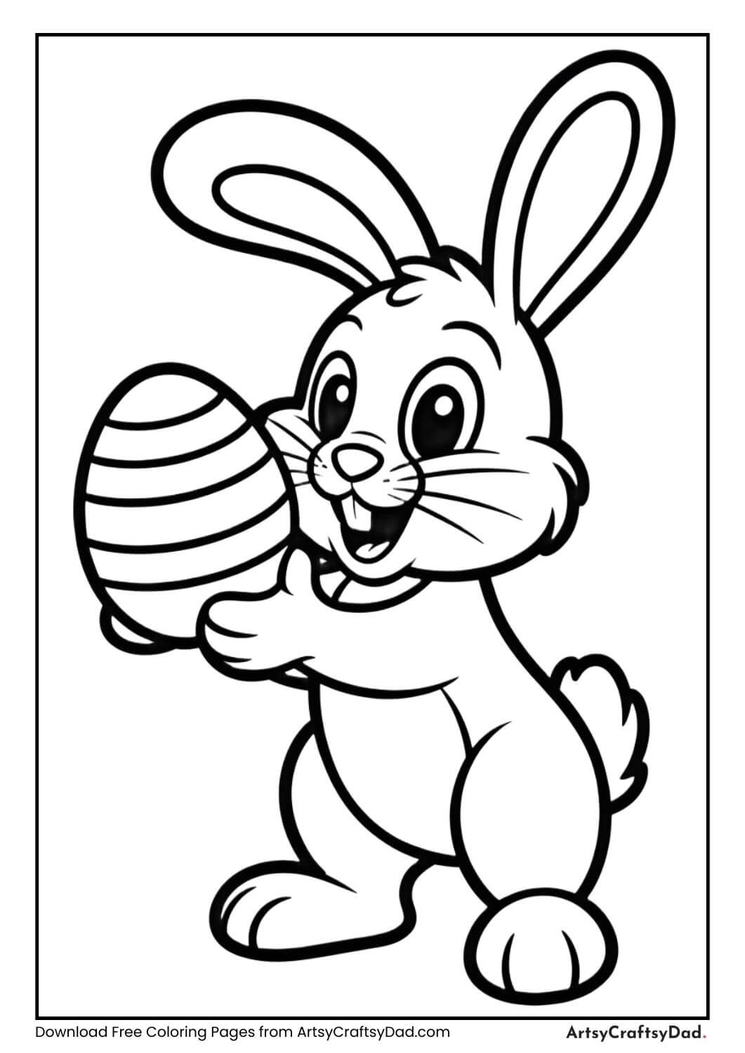 Cute Easter bunny holding a decorated egg coloring page