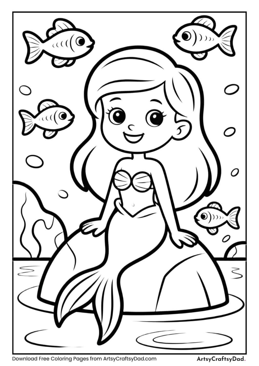 Cute mermaid on rock with fish coloring page for kids