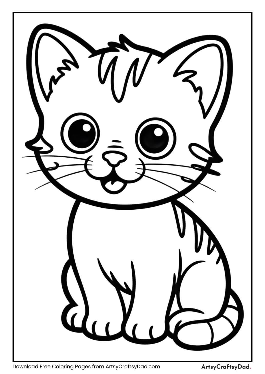 Cute sitting kitten black and white coloring page for kids