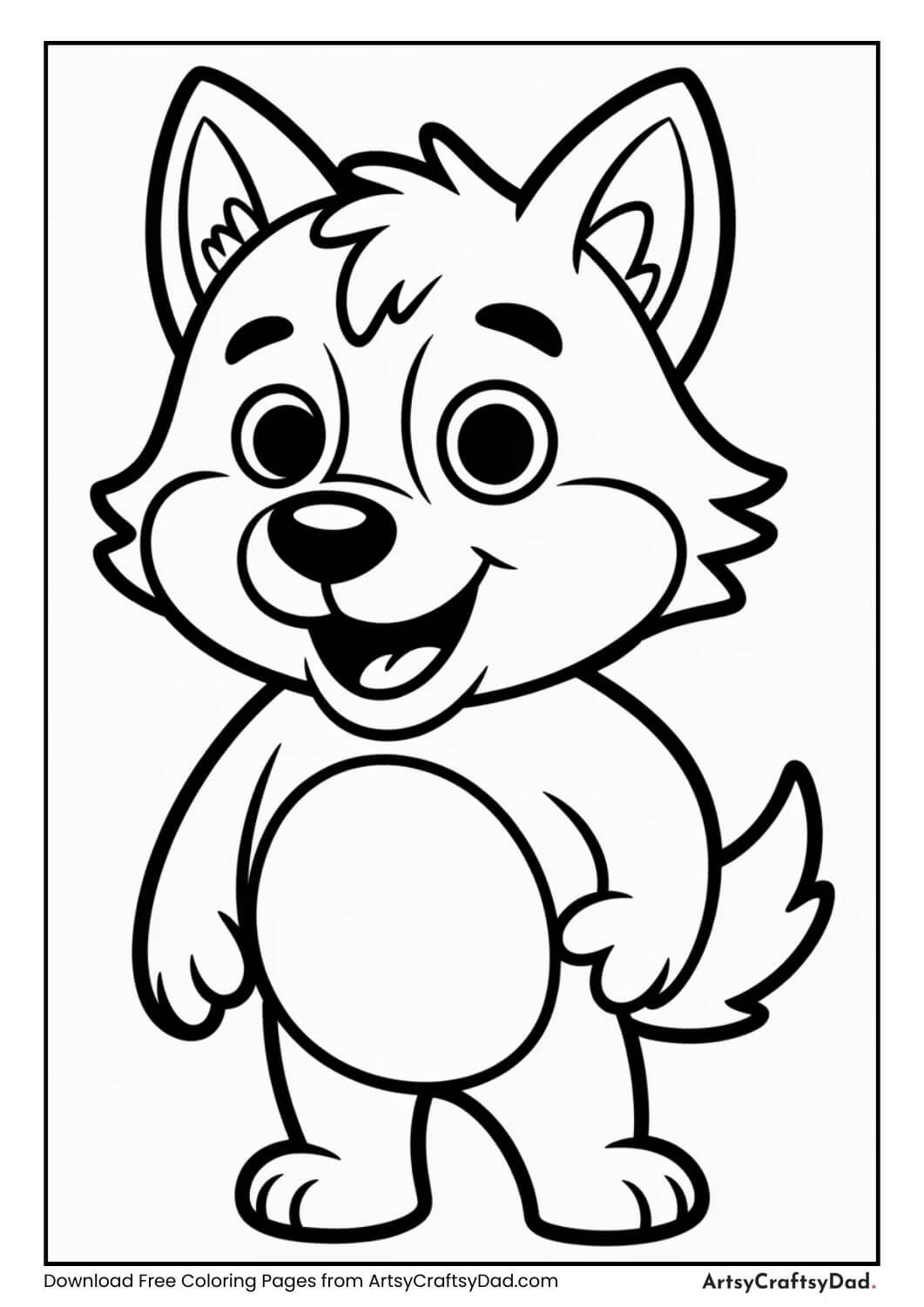 Cute smiling wolf black and white coloring page for kids