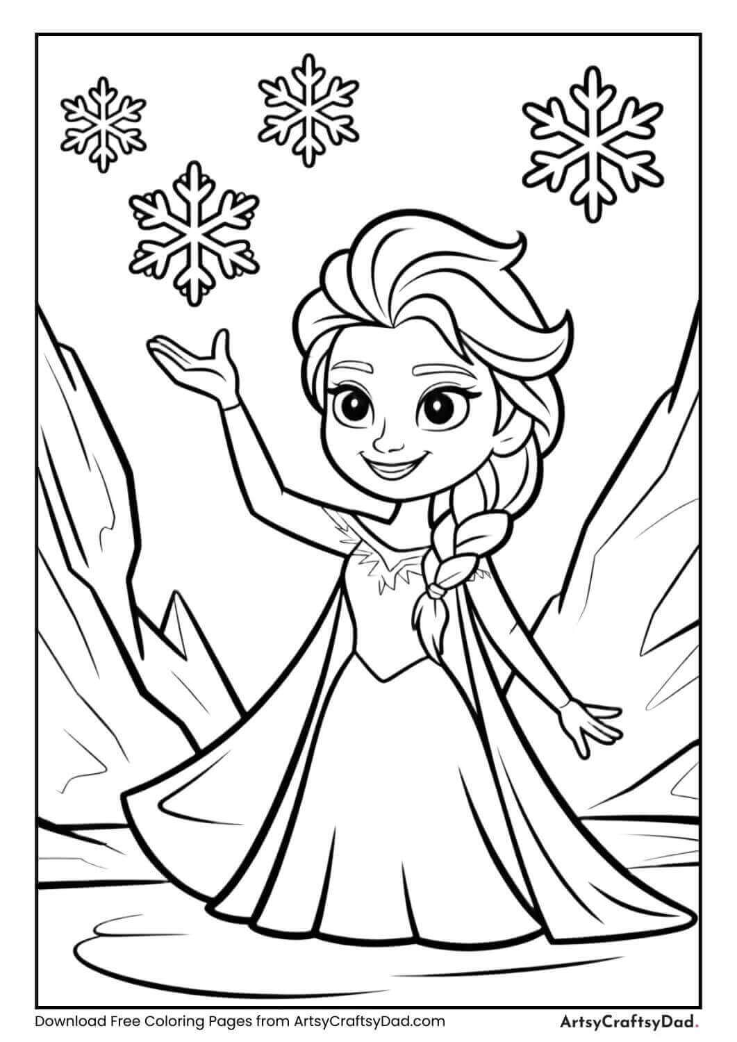 Elsa creating snowflakes in her ice castle coloring page