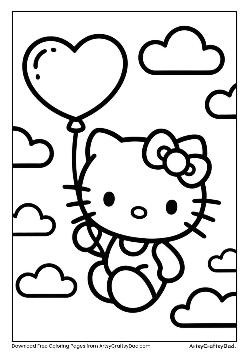 Hello Kitty holding a heart-shaped balloon coloring page