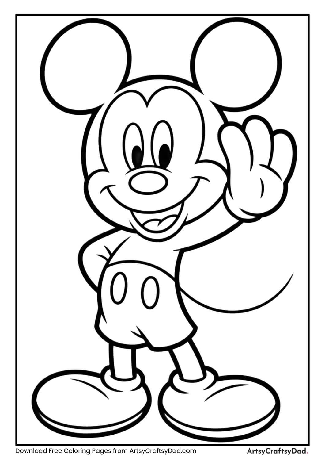 Mickey Mouse smiling and waving coloring page for kids