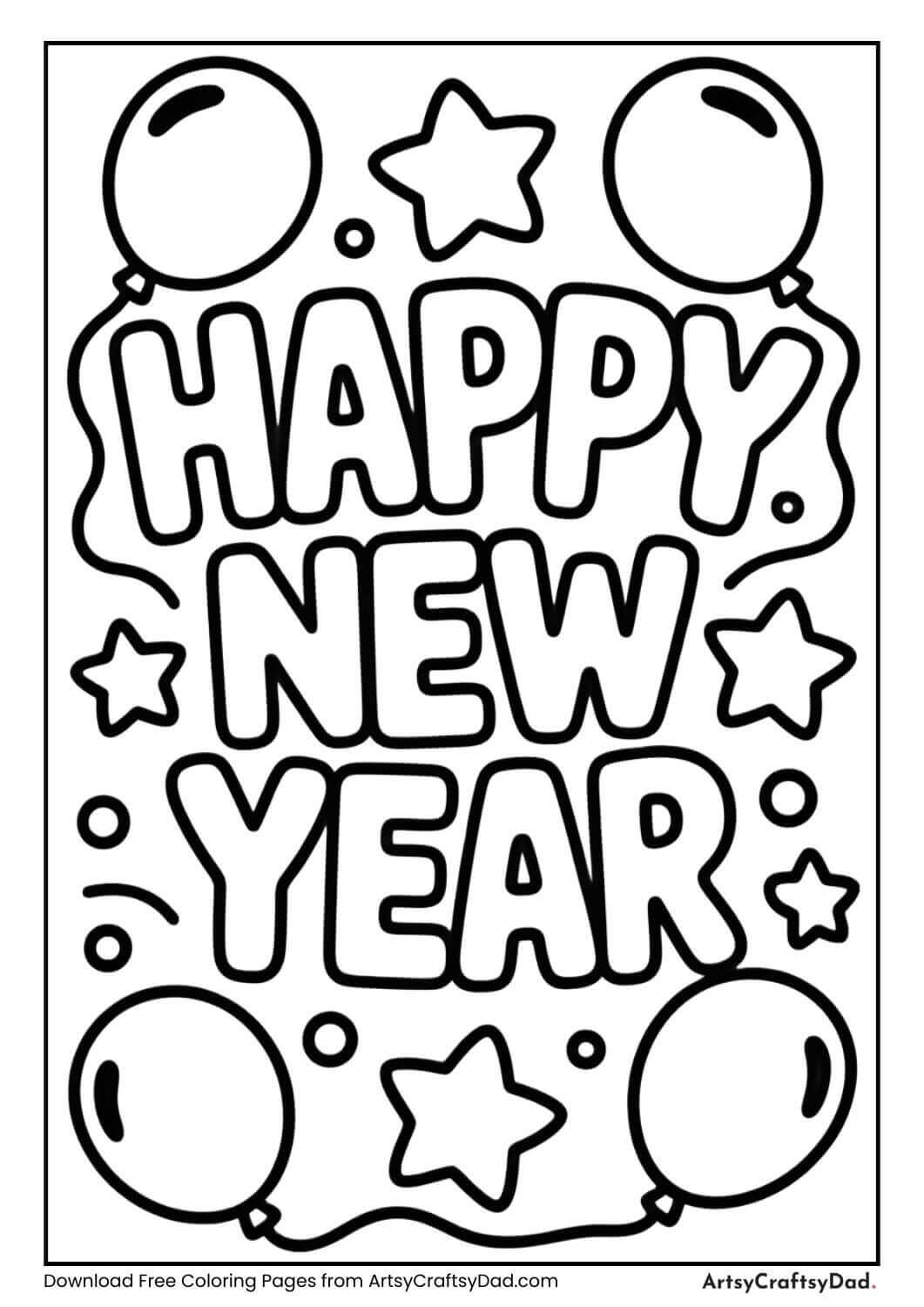 Happy New Year balloons black and white coloring page for kids