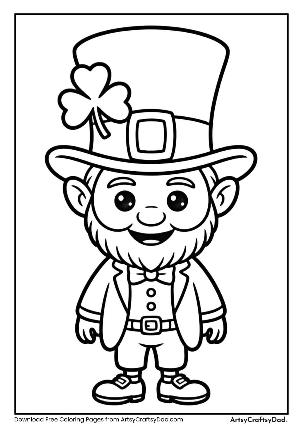 Smiling leprechaun holding a shamrock St. Patrick’s Day coloring page
