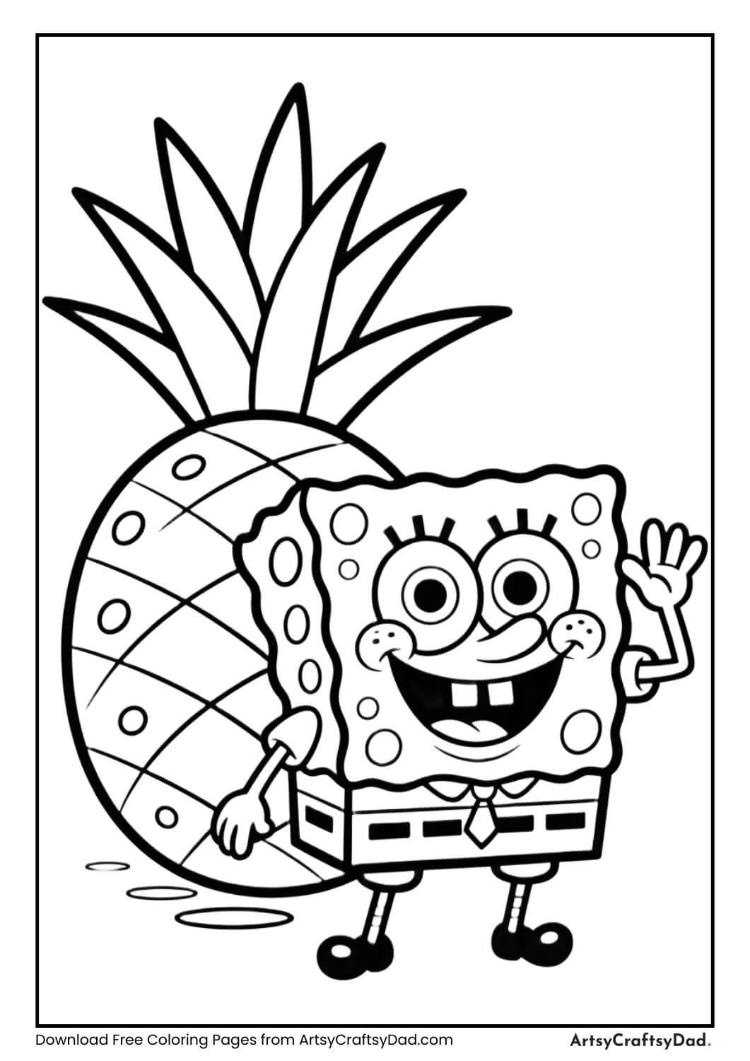 SpongeBob SquarePants smiling and waving near his pineapple house