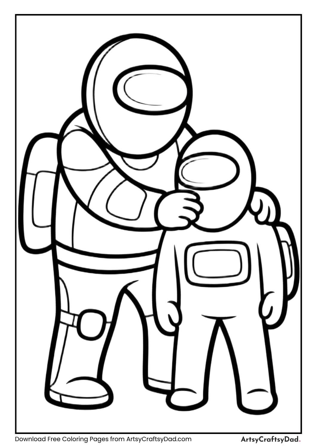 Among Us impostor sneaking behind crewmate coloring page