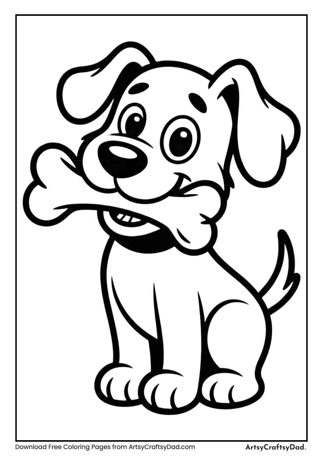 Dog playing with bone black and white coloring page