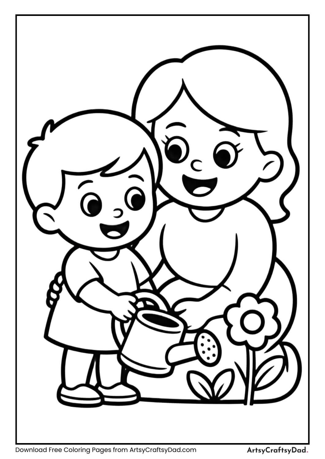 Child helping mom water plants coloring page