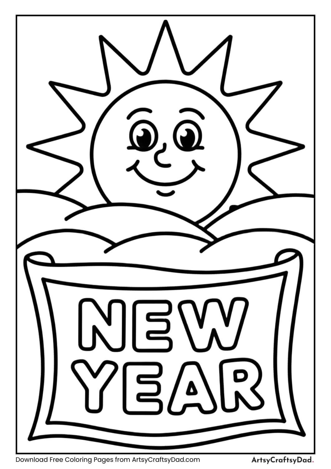 New Year sunrise coloring page for kids