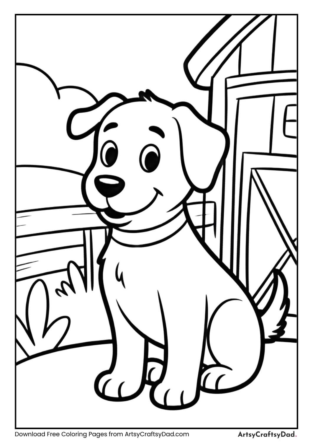 Friendly farm dog black and white coloring page for kids