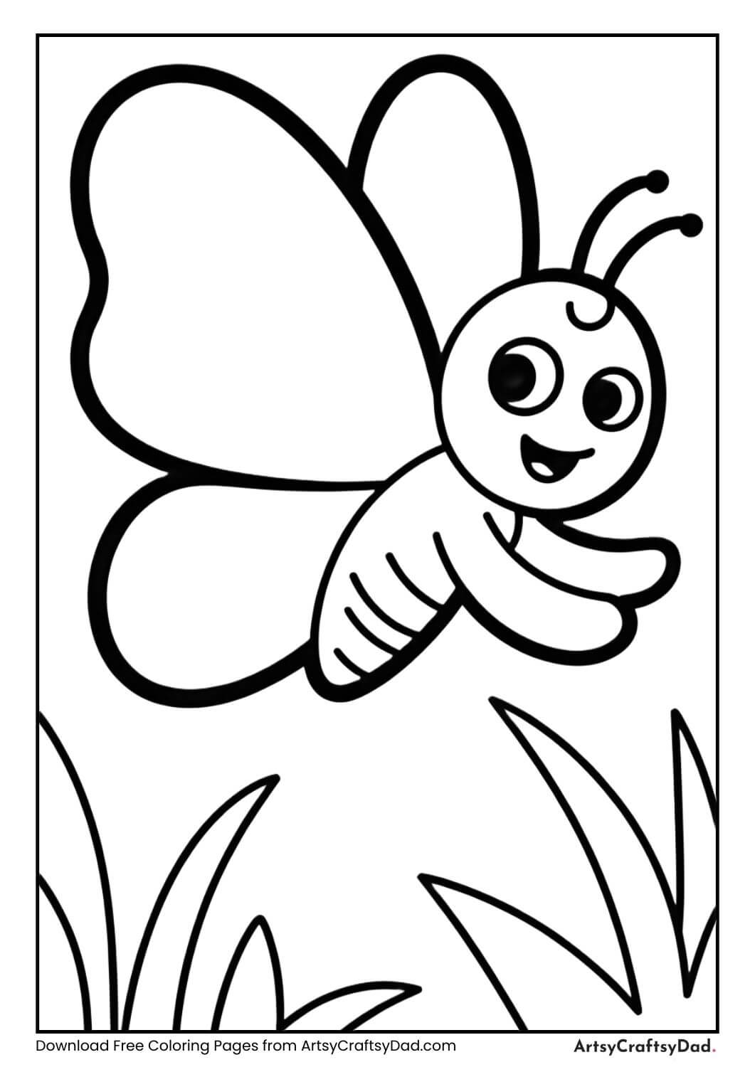 Butterfly flying above grass black and white coloring page