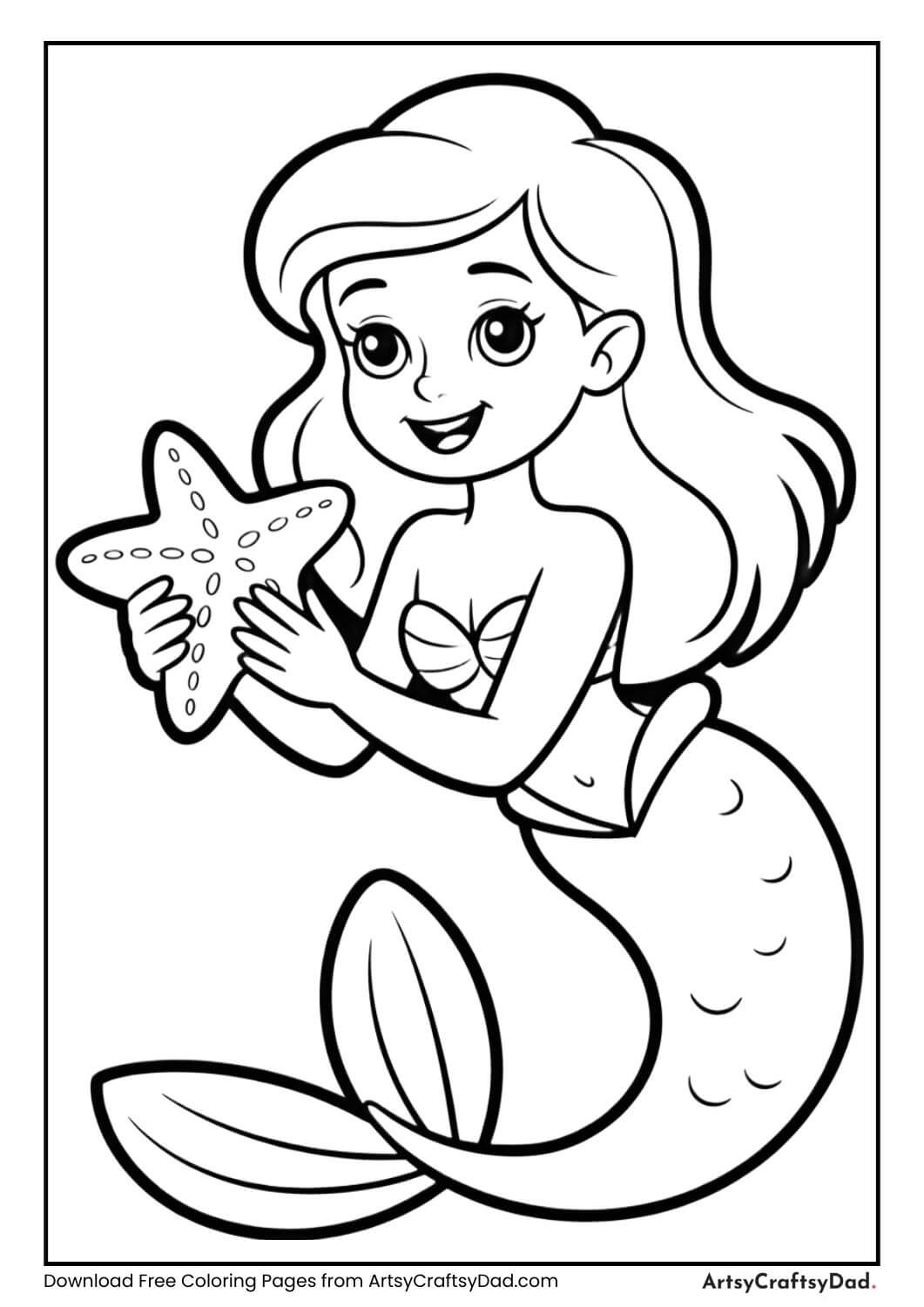 Mermaid holding a starfish underwater coloring sheet