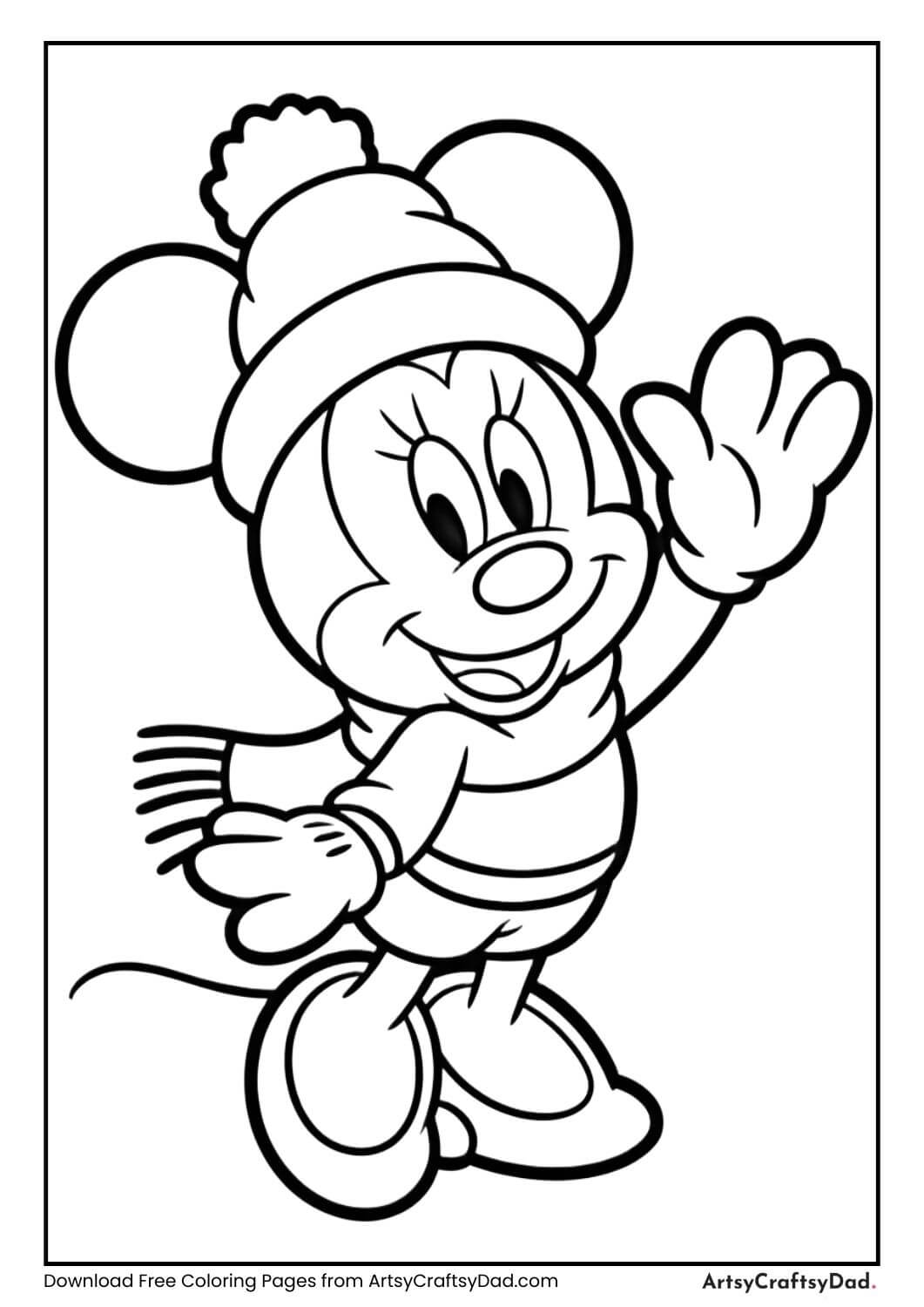 Minnie Mouse wearing winter scarf and hat coloring page